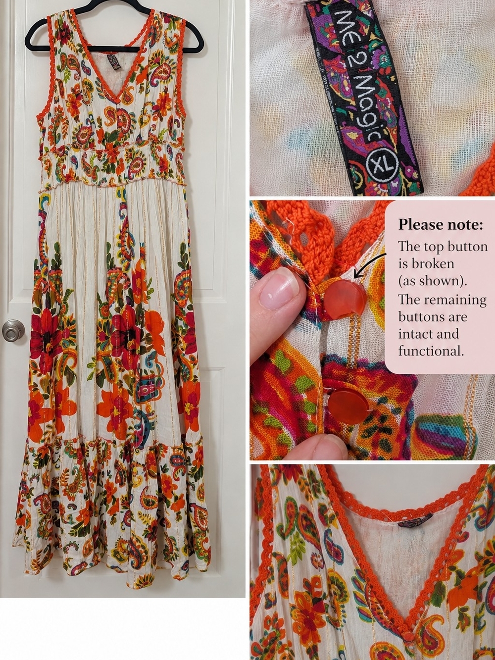 Me 2 Magic XL Boho Paisley Floral Maxi Dress Crochet Trim Festival Y2K